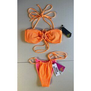 OneOne Swimwear 2 Piece Bikini Neon Orange Top Small Bottoms Medium *READ
